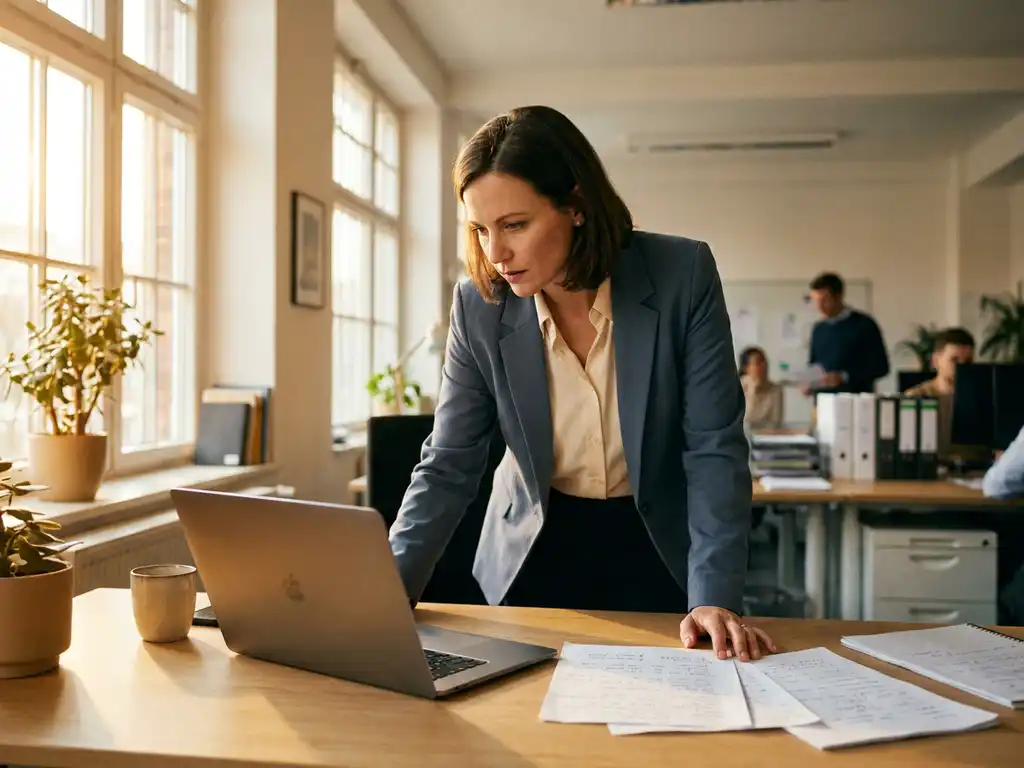 Mitarbeiter eines deutschen KMU arbeitet konzentriert am Laptop mit handschriftlichen Notizen auf modernem Büroschreibtisch im Nachmittagslicht.