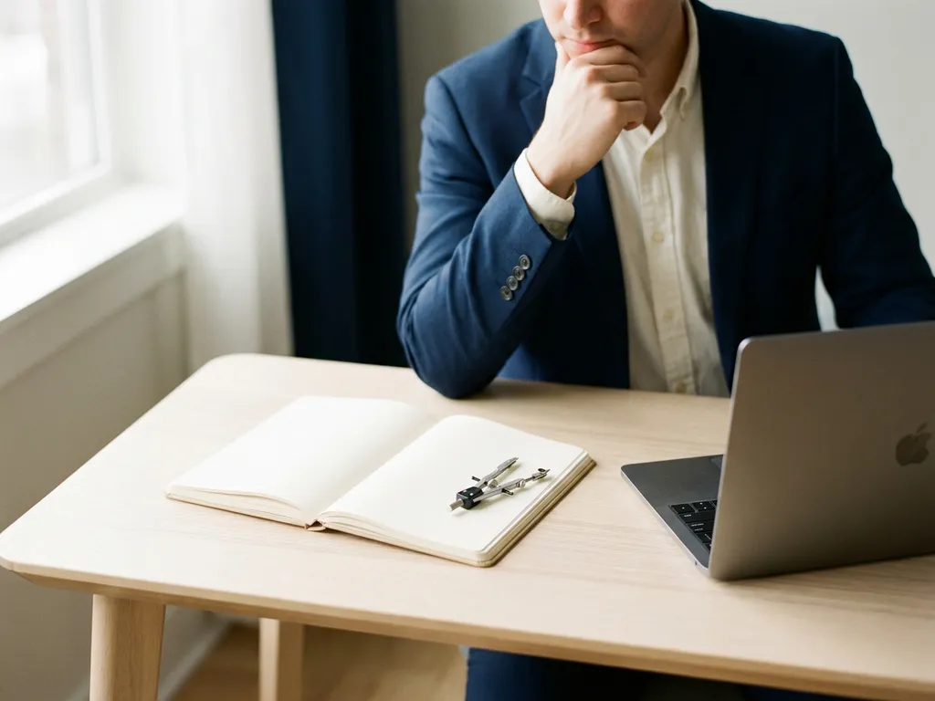 Nachdenklicher Geschäftsprofi am modernen Schreibtisch mit offenem Notizbuch, Kompass und halb geschlossenem Laptop im weichen Seitenlicht.