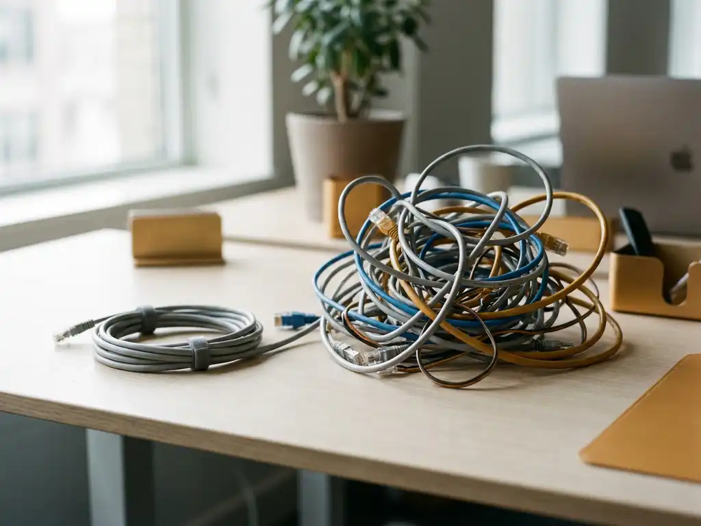 Verwirrtes Ethernet-Kabel-Knäuel neben einem ordentlich verlegten Kabel auf modernem Büroschreibtisch, weiches Fensterlicht.