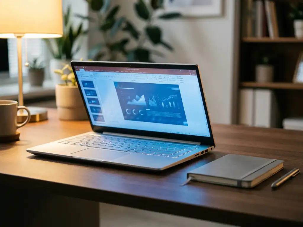 Laptop auf modernem Schreibtisch mit leuchtender PowerPoint-Präsentation, Notizbuch und Eingabestift daneben, blaues Bildschirmlicht.
