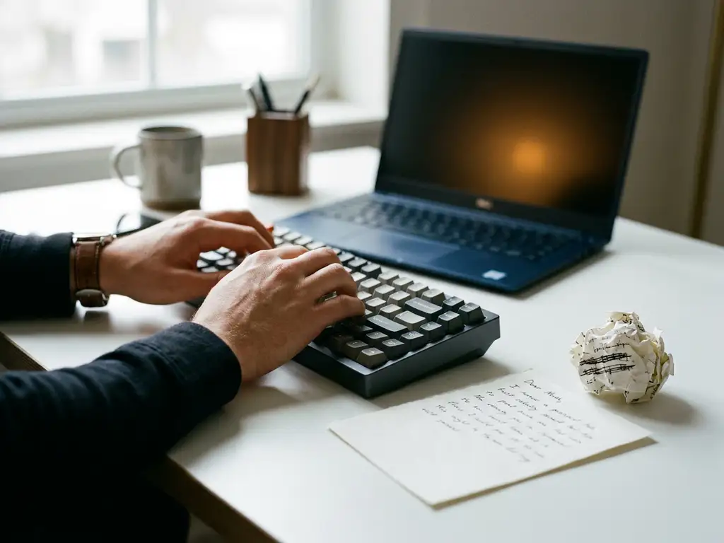 Hände tippen eine strukturierte Notiz auf mechanischer Tastatur, zerknüllter Entwurf daneben, Laptop im Hintergrund, natürliches Fensterlicht.