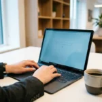 Hände tippen eine Suchanfrage auf einem Microsoft Surface Laptop im modernen Büro, Kaffeetasse daneben, weiches Fensterlicht.