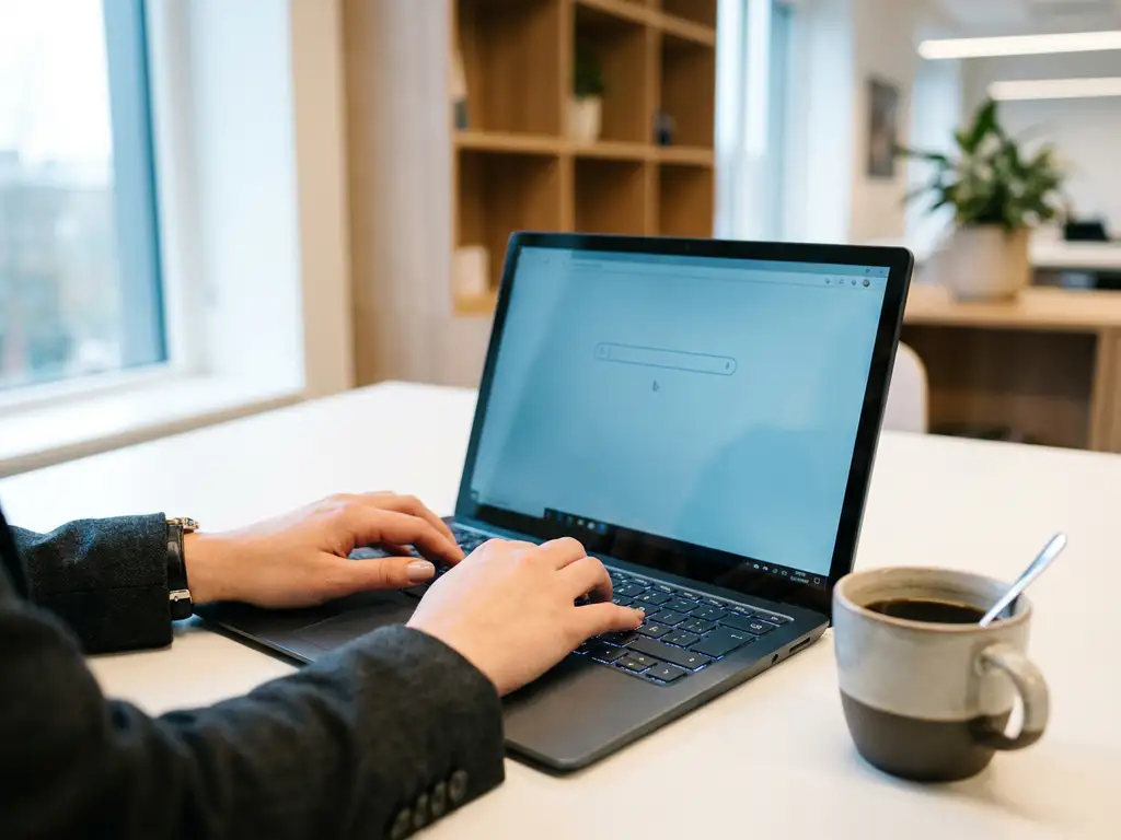 Hände tippen eine Suchanfrage auf einem Microsoft Surface Laptop im modernen Büro, Kaffeetasse daneben, weiches Fensterlicht.
