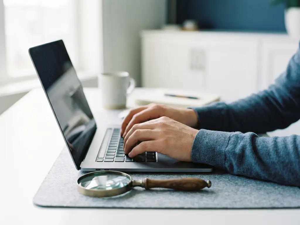 Hände tippen auf einem Laptop-Keyboard im modernen Büro, daneben eine Lupe als Symbol für Präzision und Detailgenauigkeit.