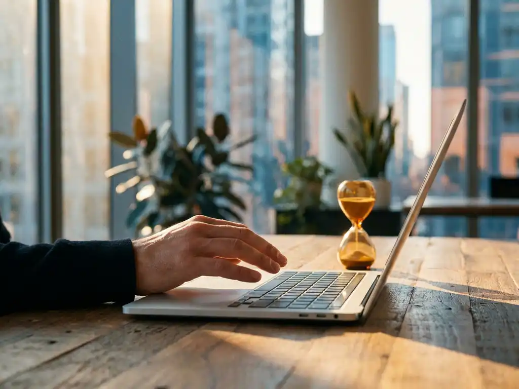 Hand eines Fachmanns über Laptop-Tastatur, daneben eine Sanduhr auf Holzschreibtisch, warmes Morgenlicht durch Bürofenster.