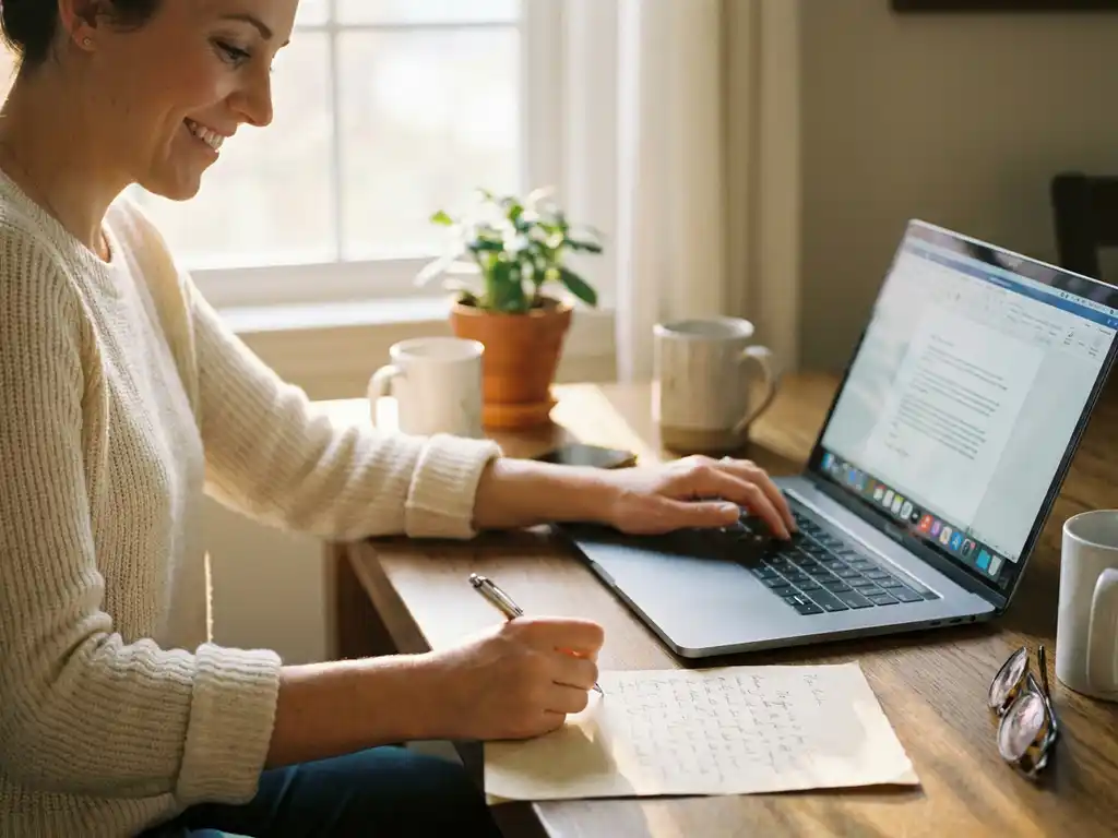 Fachkraft schreibt handschriftliche Notizen neben modernem Laptop in hellem Büro mit warmem Fensterlicht.