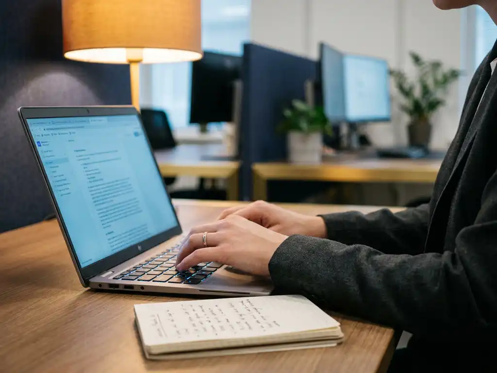 Hände tippen auf Laptop-Tastatur am aufgeräumten Schreibtisch mit Notizbuch, warmes Lampenlicht und blauer Monitorschein.