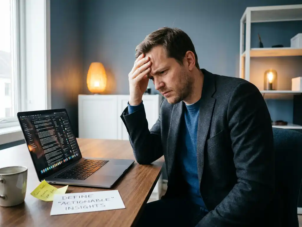 Frustrierter Profi am minimalistischen Schreibtisch, blickt auf Laptop-Bildschirm, zerknüllter Notizzettel neben Tastatur, weiches Fensterlicht.