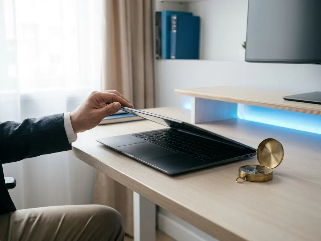 Fachkraft öffnet Laptop auf modernem Schreibtisch, kleiner Kompass als Navigationssymbol daneben, blaues Akzentlicht.