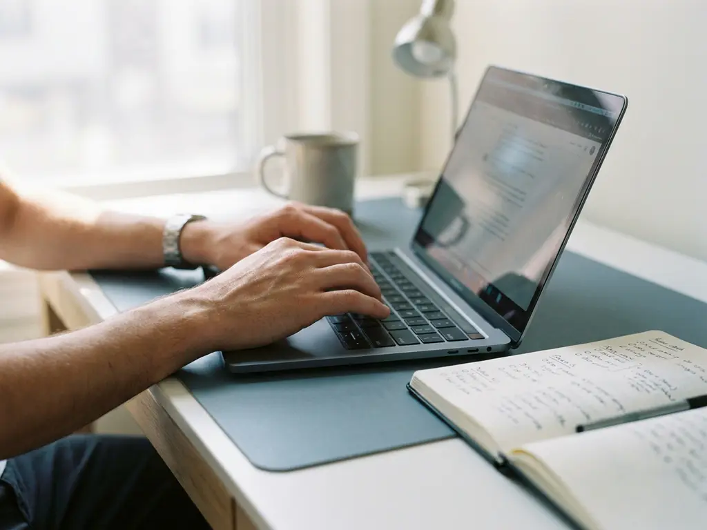 Hände tippen auf einem Laptop, daneben ein aufgeschlagenes Notizbuch mit handschriftlichen Notizen auf modernem Schreibtisch im Morgenlicht.