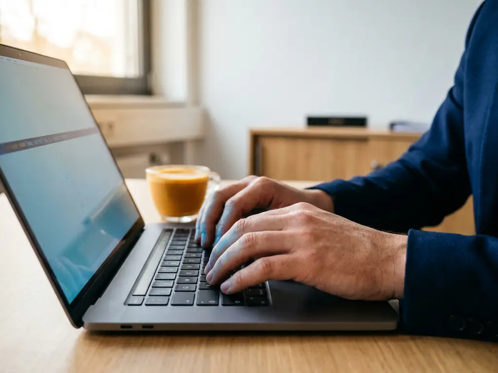 Hände tippen eine Suchanfrage auf einem Laptop in einem modernen Büro in Karlsruhe, sanftes Bildschirmlicht beleuchtet die Fingerspitzen.