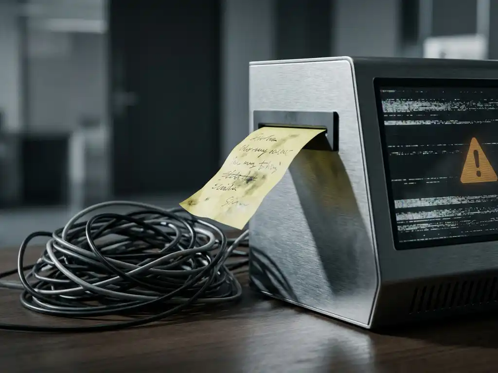 Zerknüllter Notizzettel wird in ein Server-Terminal geschoben, flackernder Bildschirm und Kabelsalat auf modernem Büroschreibtisch.
