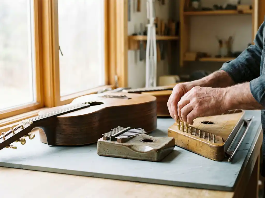 Handwerker stimmt Stimmwirbel verschiedener Musikinstrumente aus Holz und Metall auf modernem Werkstisch, warmes Seitenlicht.