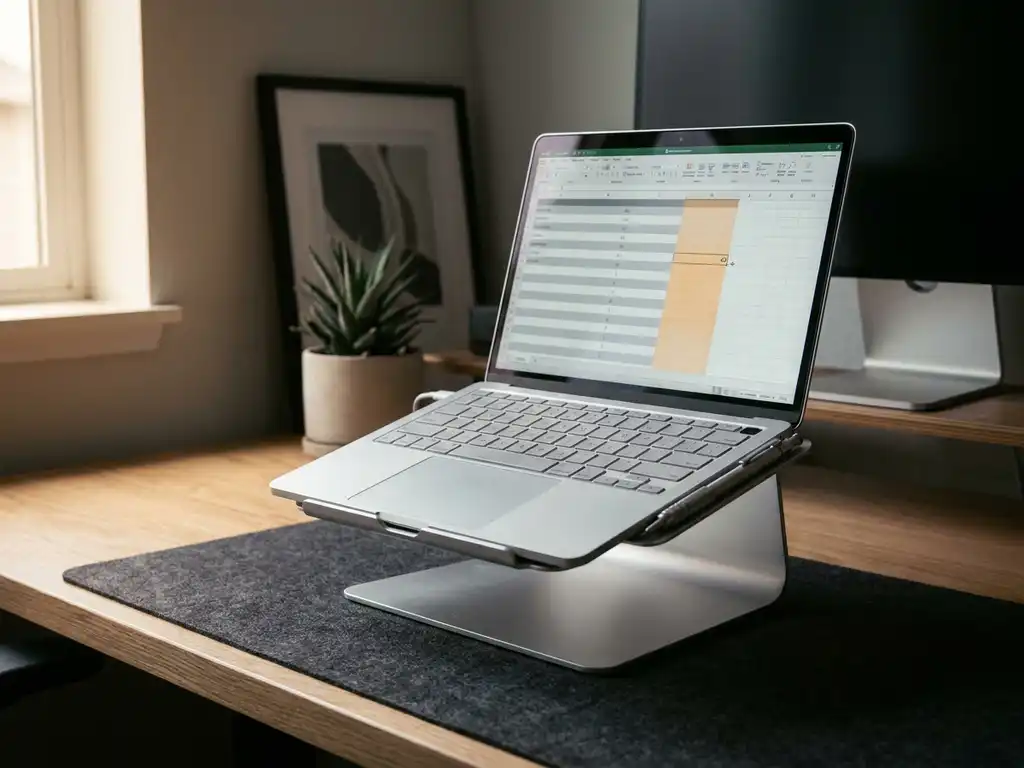 Laptop auf modernem Schreibtisch zeigt Tabellenkalkulation mit hervorgehobener Zelle, Druckbleistift daneben, warmes Umgebungslicht.