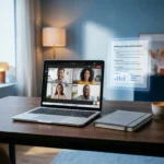 Laptop mit Microsoft Teams-Videoanruf auf modernem Schreibtisch, daneben KI-generierte Meeting-Zusammenfassung, Notizbuch und Kaffeetasse.