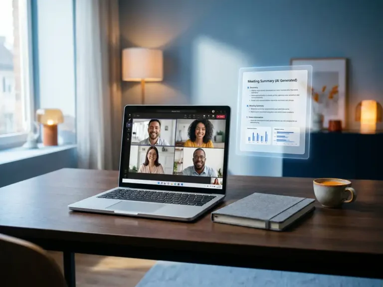 Laptop mit Microsoft Teams-Videoanruf auf modernem Schreibtisch, daneben KI-generierte Meeting-Zusammenfassung, Notizbuch und Kaffeetasse.
