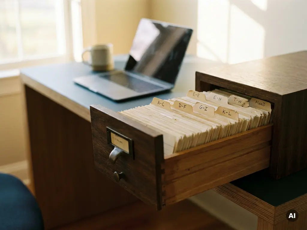 Geöffnete Holzkartei mit beschrifteten Reitern und weißen Karteikarten auf modernem Schreibtisch, Laptop im unscharfen Hintergrund, warmes Nachmittagslicht.