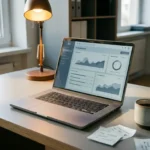 Laptop mit KI-Dashboard auf Büroschreibtisch, umgeben von Haftnotizen und Kaffeebecher, unbenutzt im warmen Schreibtischlicht.