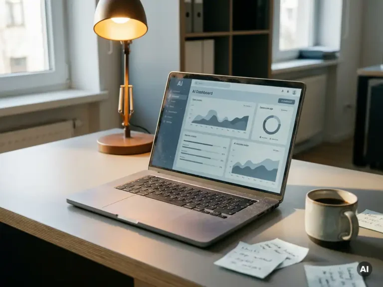 Laptop mit KI-Dashboard auf Büroschreibtisch, umgeben von Haftnotizen und Kaffeebecher, unbenutzt im warmen Schreibtischlicht.