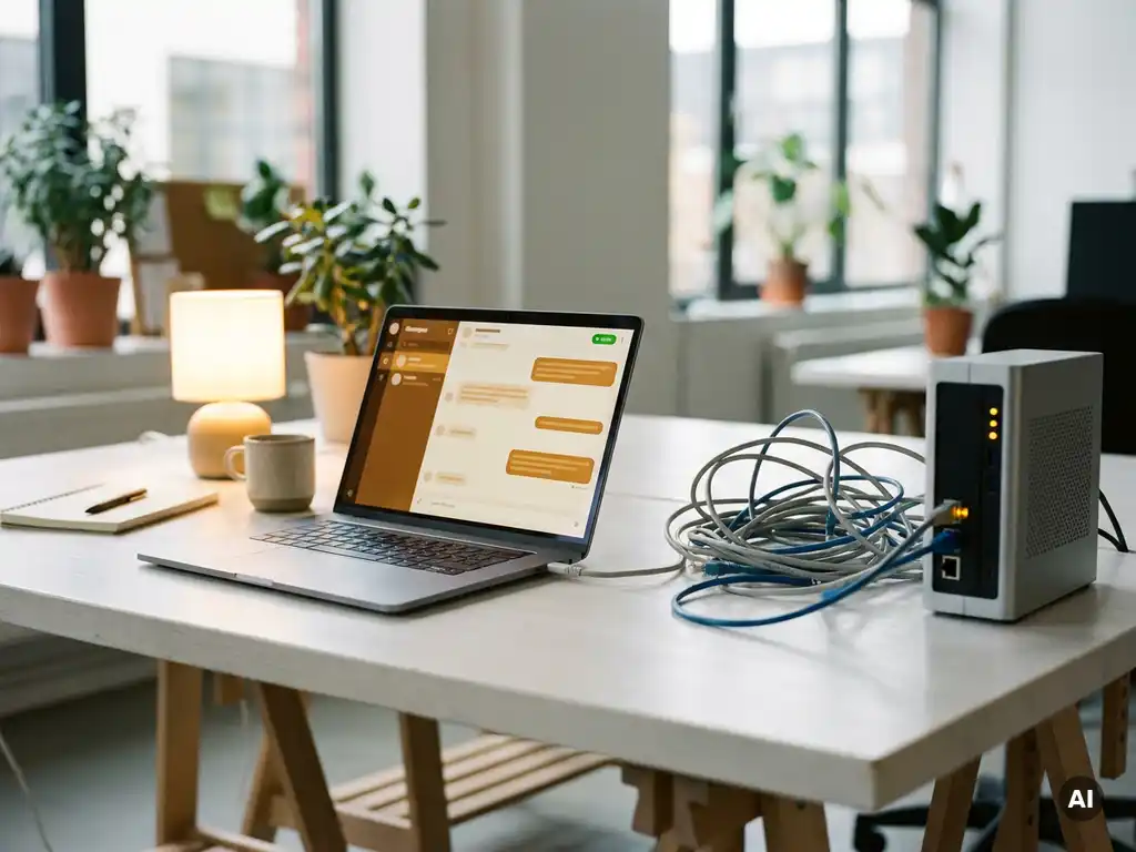 Laptop mit geöffneter Chat-Oberfläche auf modernem Schreibtisch, daneben Ethernet-Kabel und kleiner Server-Tower.