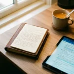 Aufgeschlagenes Ledernotebook mit verblassenden handschriftlichen Notizen neben einem digitalen Tablet mit strukturierten Zusammenfassungen auf modernem Schreibtisch.