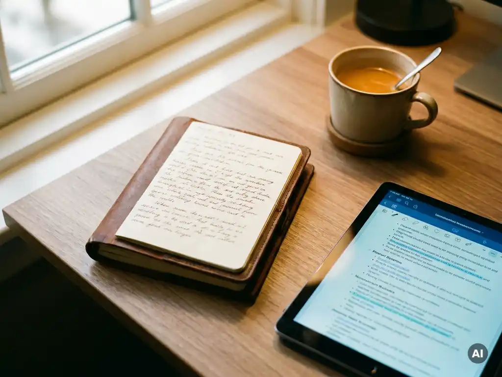 Aufgeschlagenes Ledernotebook mit verblassenden handschriftlichen Notizen neben einem digitalen Tablet mit strukturierten Zusammenfassungen auf modernem Schreibtisch.