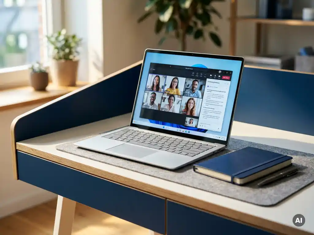 Laptop auf modernem Schreibtisch zeigt Microsoft Teams-Videoanruf mit KI-Gesprächszusammenfassung, natürliches Seitenlicht.